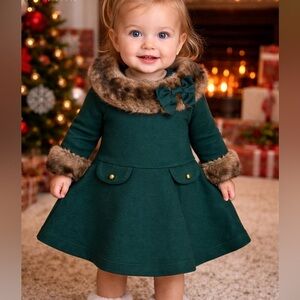 Janie and Jack Emerald Dress with Faux Fur Trim. 12-18M Christmas Formal Party
